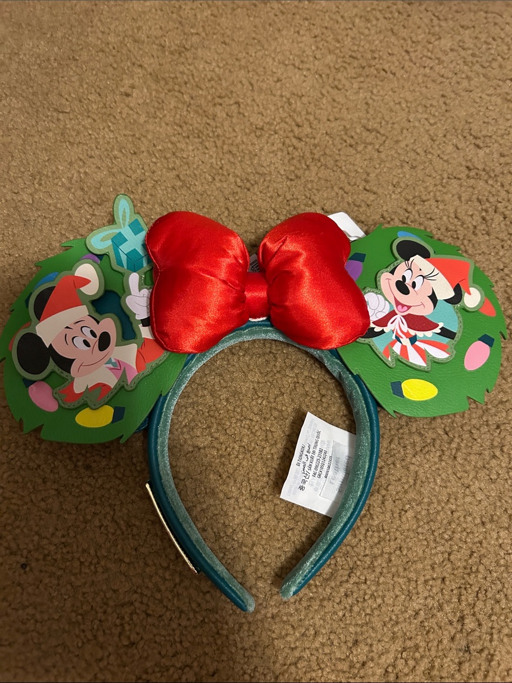 Disney Minnie & Mickey Holiday Ear Headband - Red Bow, Green Ears, Teal Band